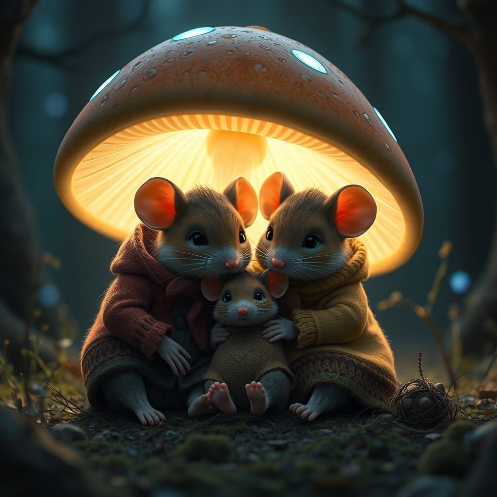 Mouse Family Under Glowing Mushroom Dome