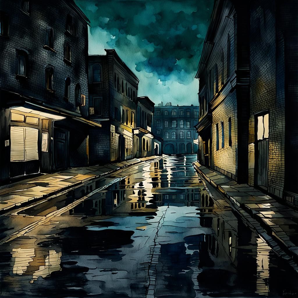 Moody Watercolor of a Lonely Late-Night Street