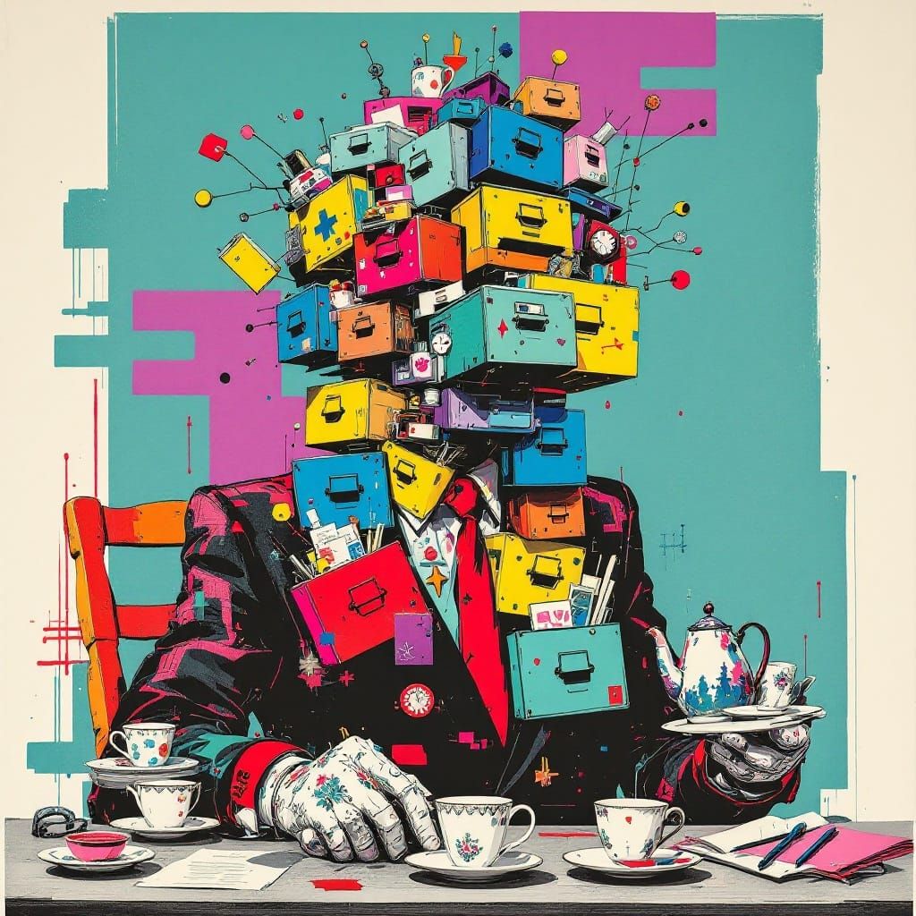 Vibrant Bureaucratic Humanoid Constructed from Filing Cabine...