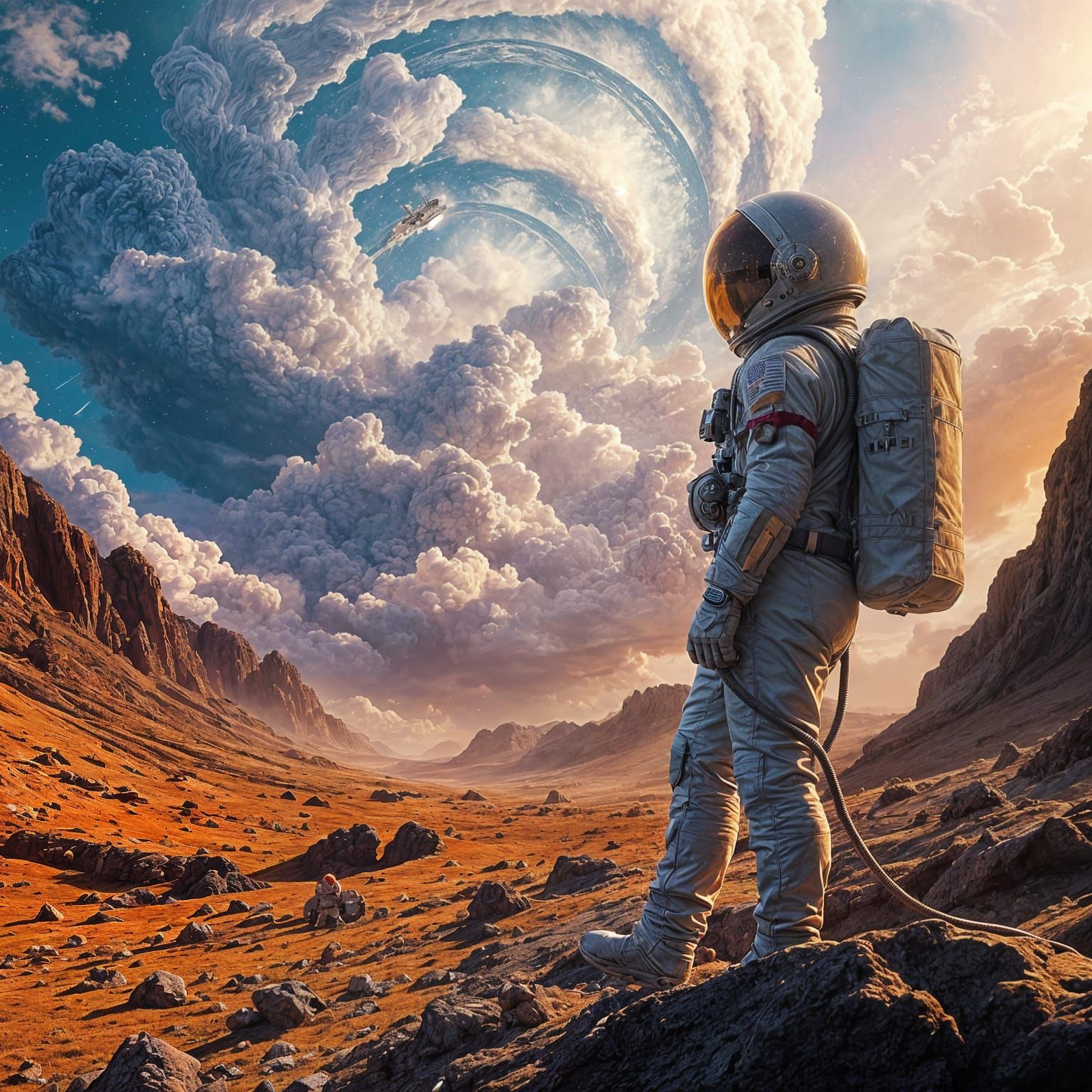 Astronaut Stands Tall Against a Turbulent, Iridescent Stormy...