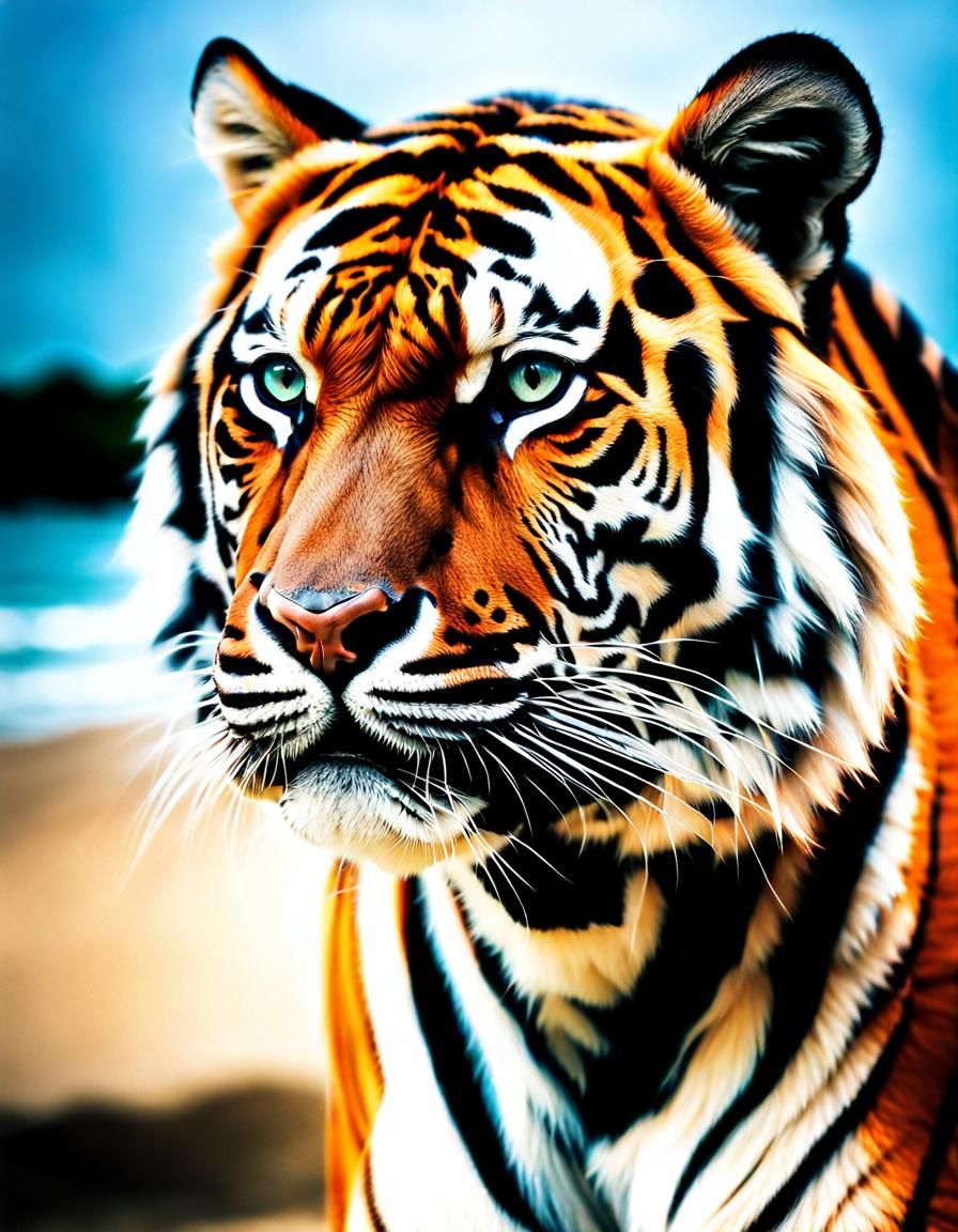 Tiger Portrait Double Exposure with Tropical Beach