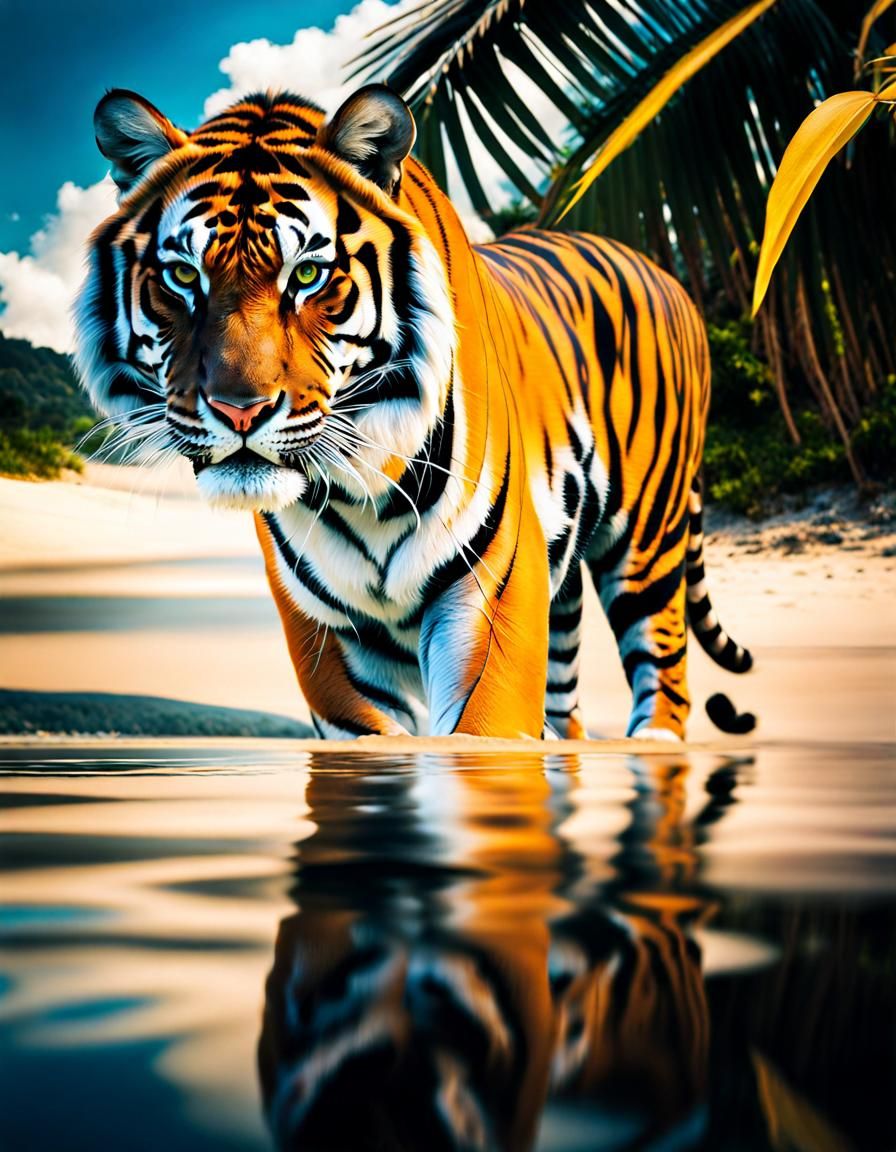 Tiger Portrait Double Exposure on Tropical Beach