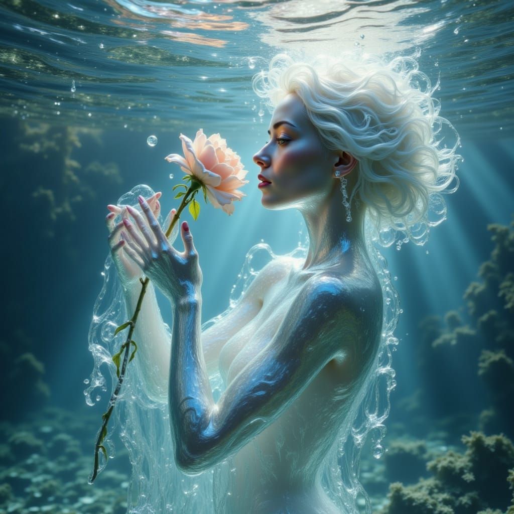 Water Woman Smells Rose Underwater in Pre-Raphaelite Style