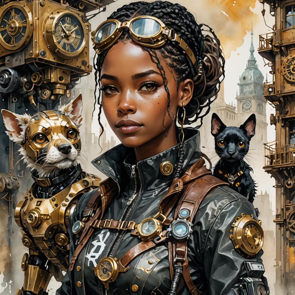 Steampunk Portrait: Woman with Robot Dog in Watercolor