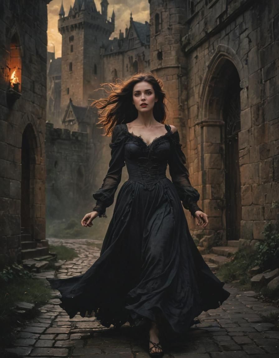 Gothic Romance Book Cover Art: Woman Escaping Castle