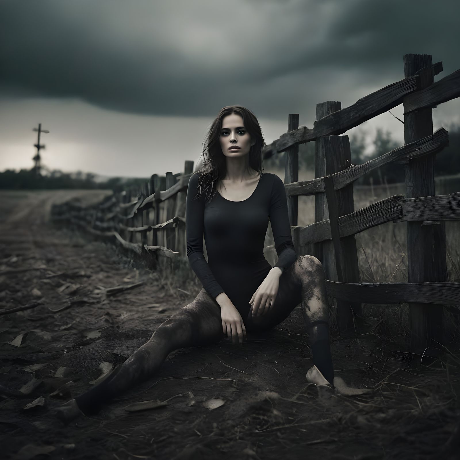 Surreal Woman in Windswept Field, Photorealistic Scene