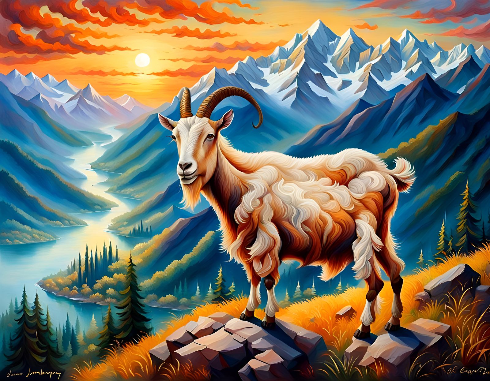 Harmonic Goat on Kashmir Promontory at Sunset