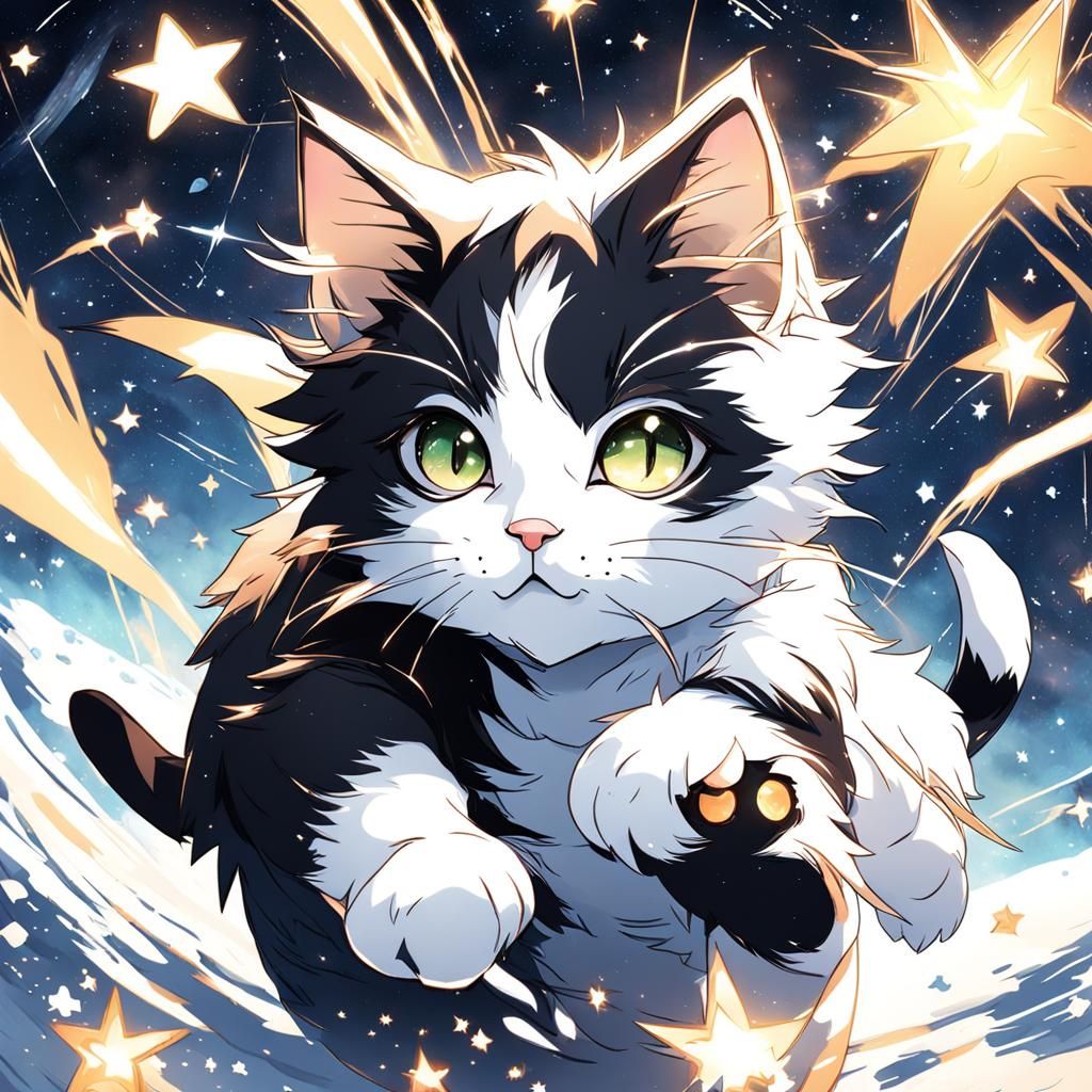 Calico and B&W Kittens Play Among Stars in Anime Style