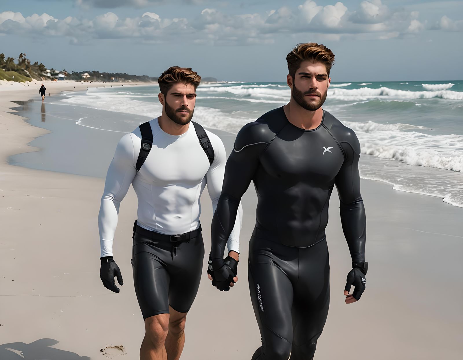 Hyperrealistic Seashore Stroll: Muscular Men in Wetsuits