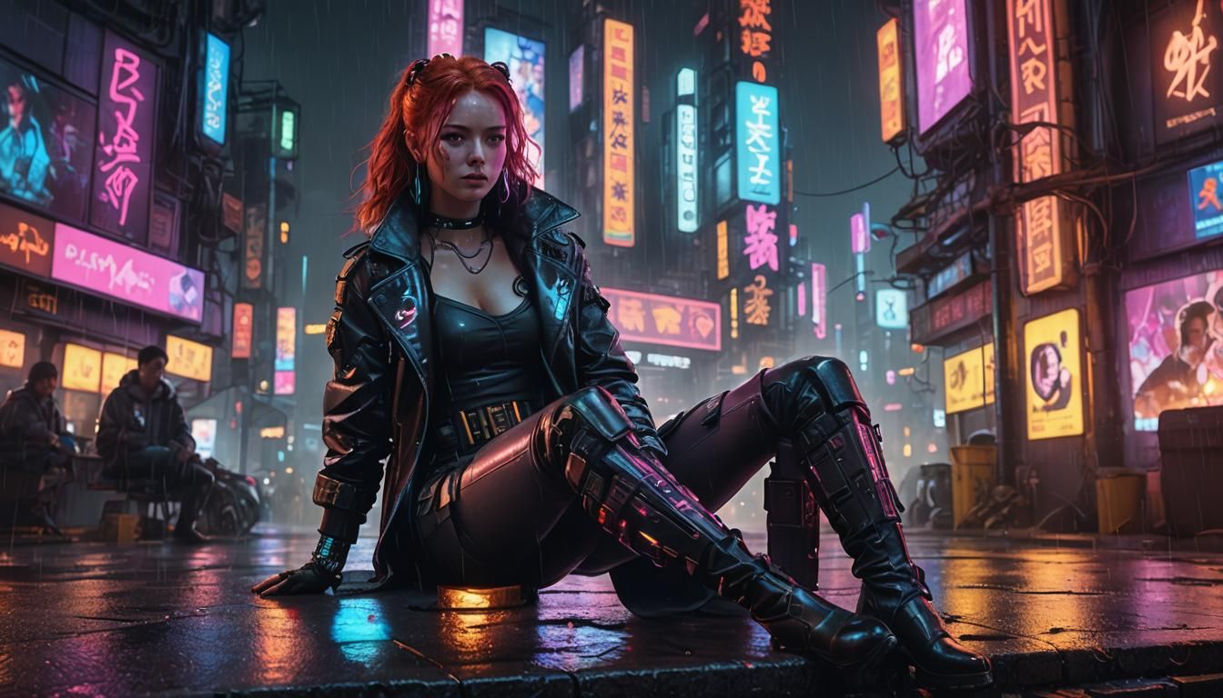 Redhead in Cyberpunk Cityscape, Digital Art