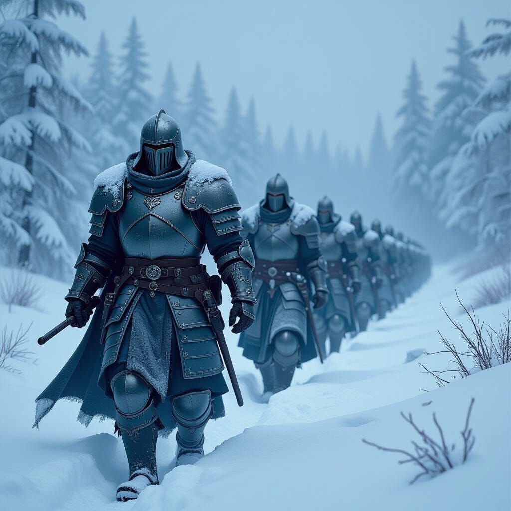Knights in Snow-Covered Armor: A Melancholic Winter Scene
