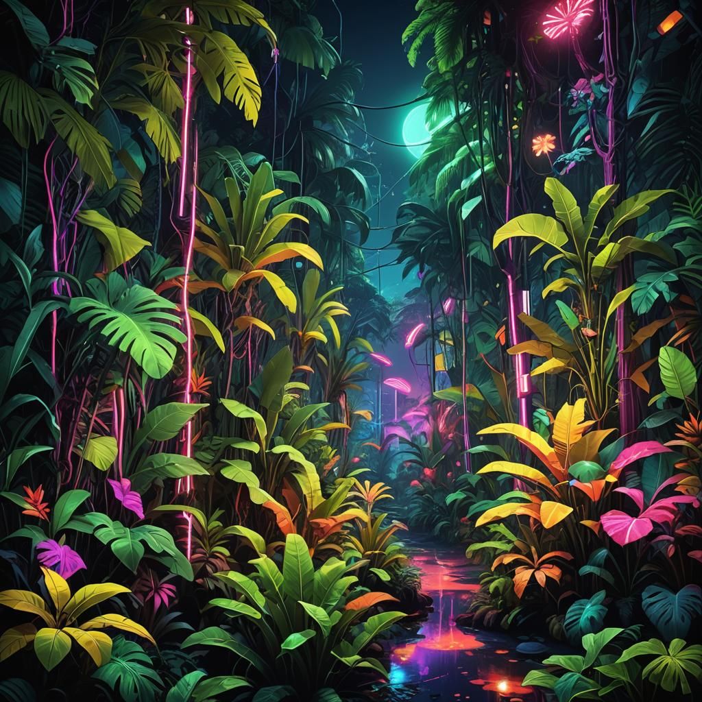 Neon Jungle: A Surreal Tropical Nightscape