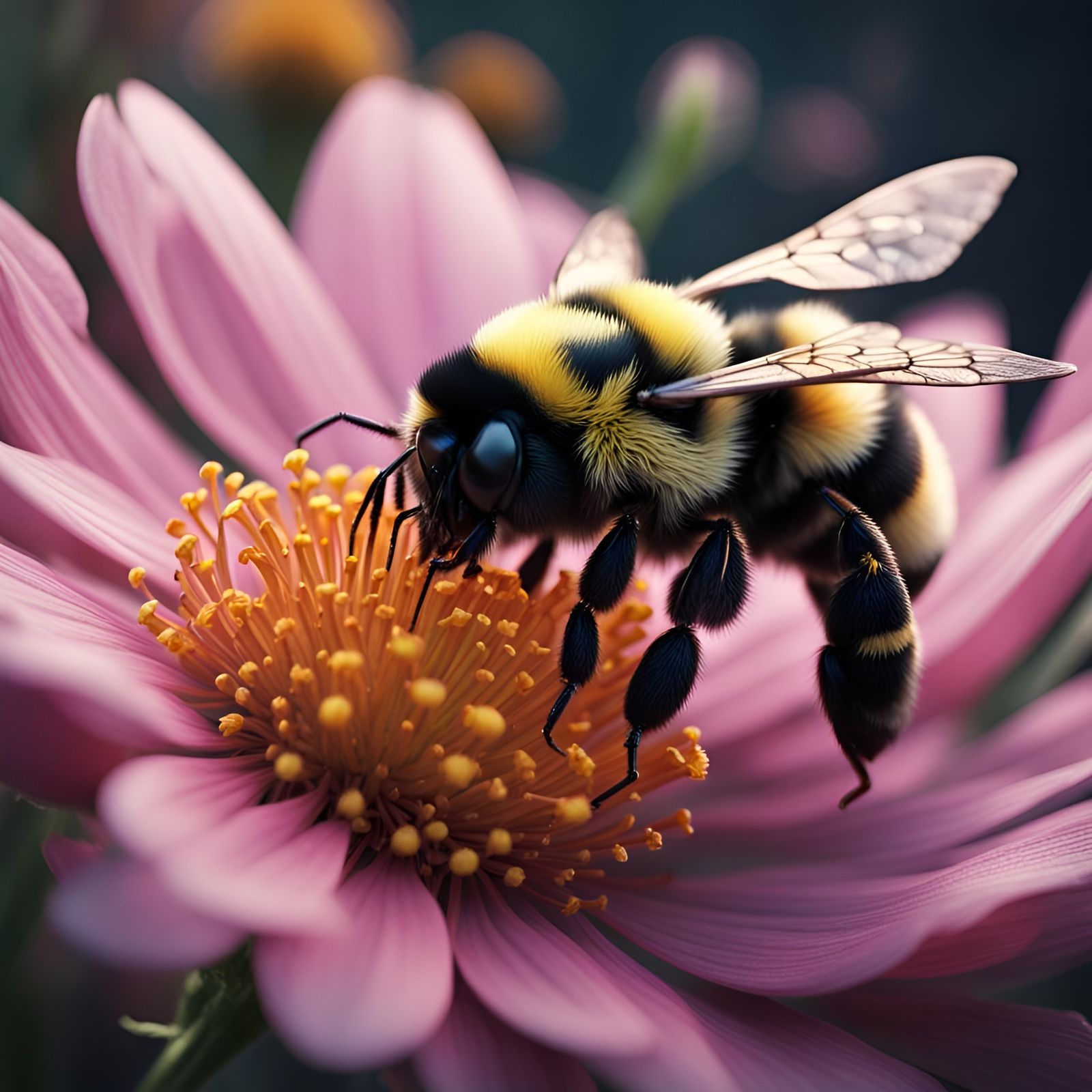 Bumblebee Pollinating Flower: Detailed Digital Matte Paintin...