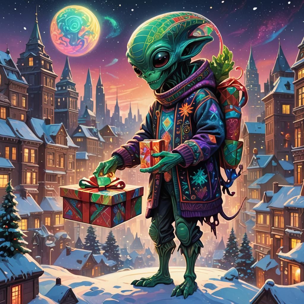 Festive Alien in Snow City: Art Nouveau Digital Art