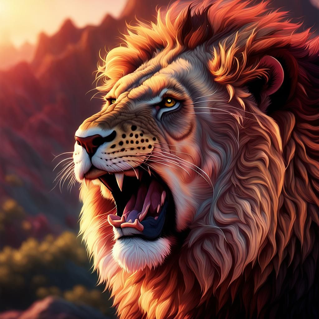 Lion Roaring at Sunrise: Wildlife Concept Art