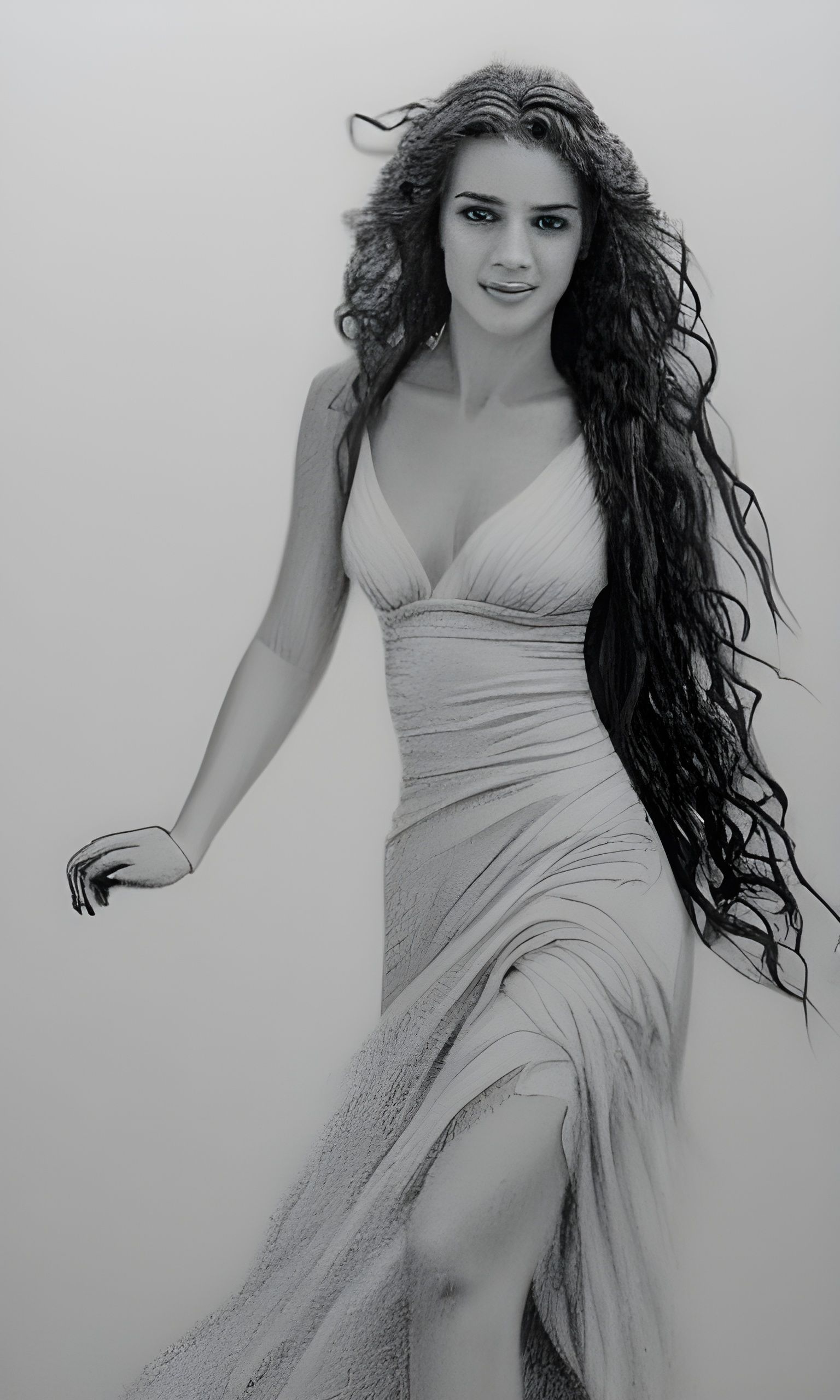 Pencil sketch of a beautiful princess in a long gown with long curly hair; by Dirk Dzimirsky