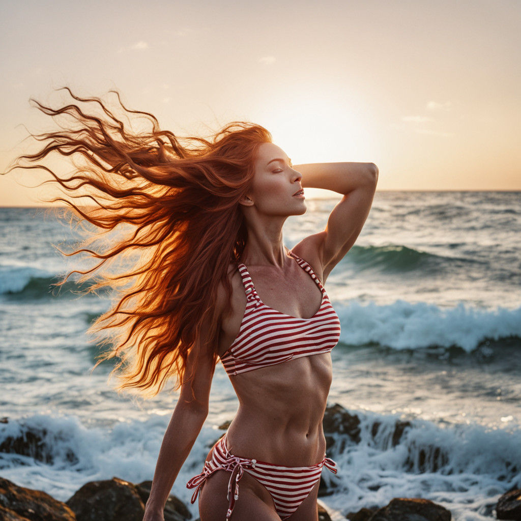 Sultry Summer Goddess in Warmly Lit Beach Scene