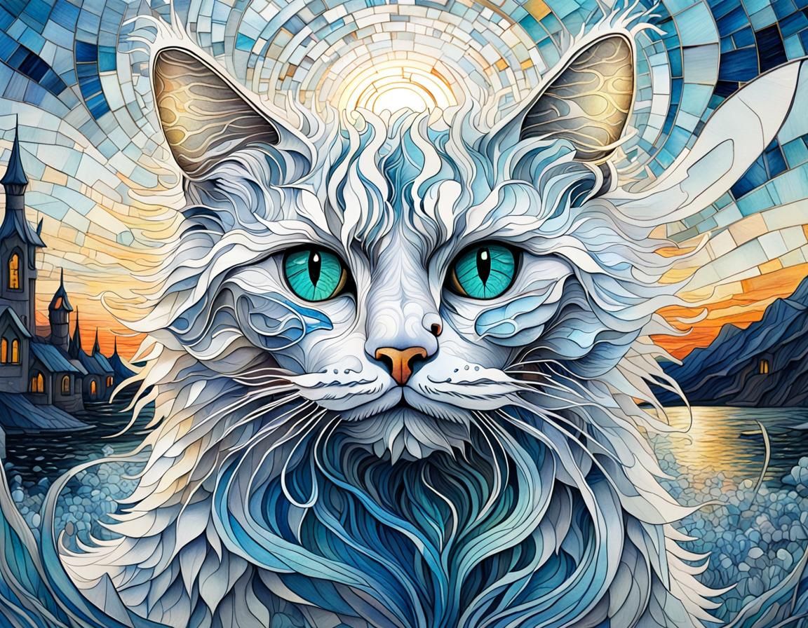 White Cat in Snowy Mosaic: Van Gogh Style