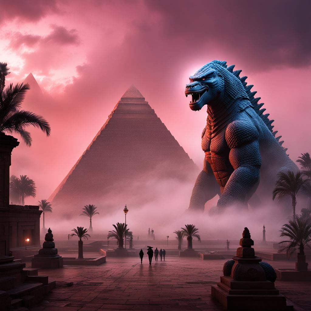 Godzilla and Kong Clash Before Foggy Egyptian Pyramids