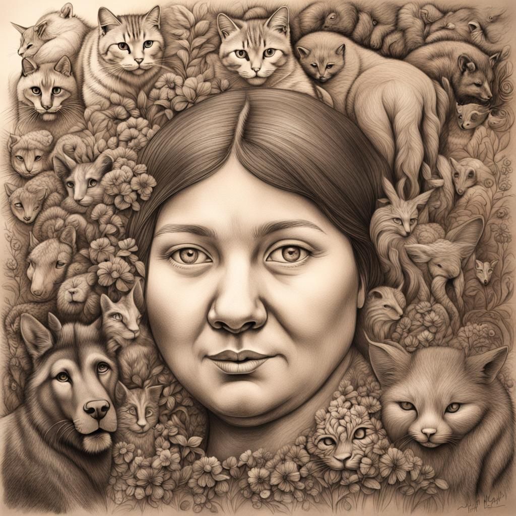 Chubby Woman with Animals: Charcoal Drawing in Earthy Tones