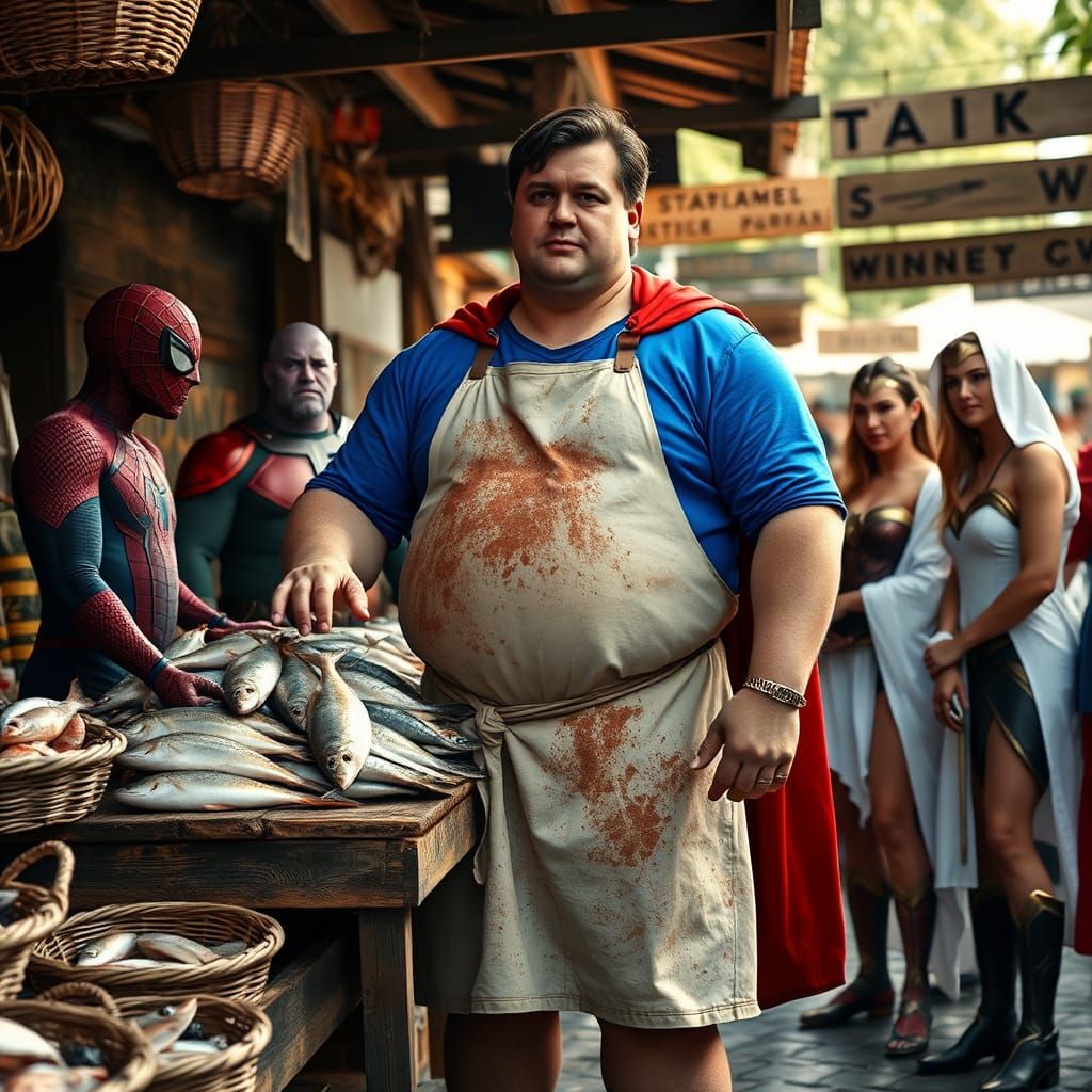 Superman as Fish Seller in Rural Market, Hyperrealistic Styl...
