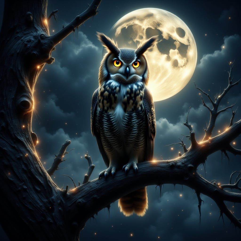 Majestic Great Horn Owl in Ethereal Nighttime Scene