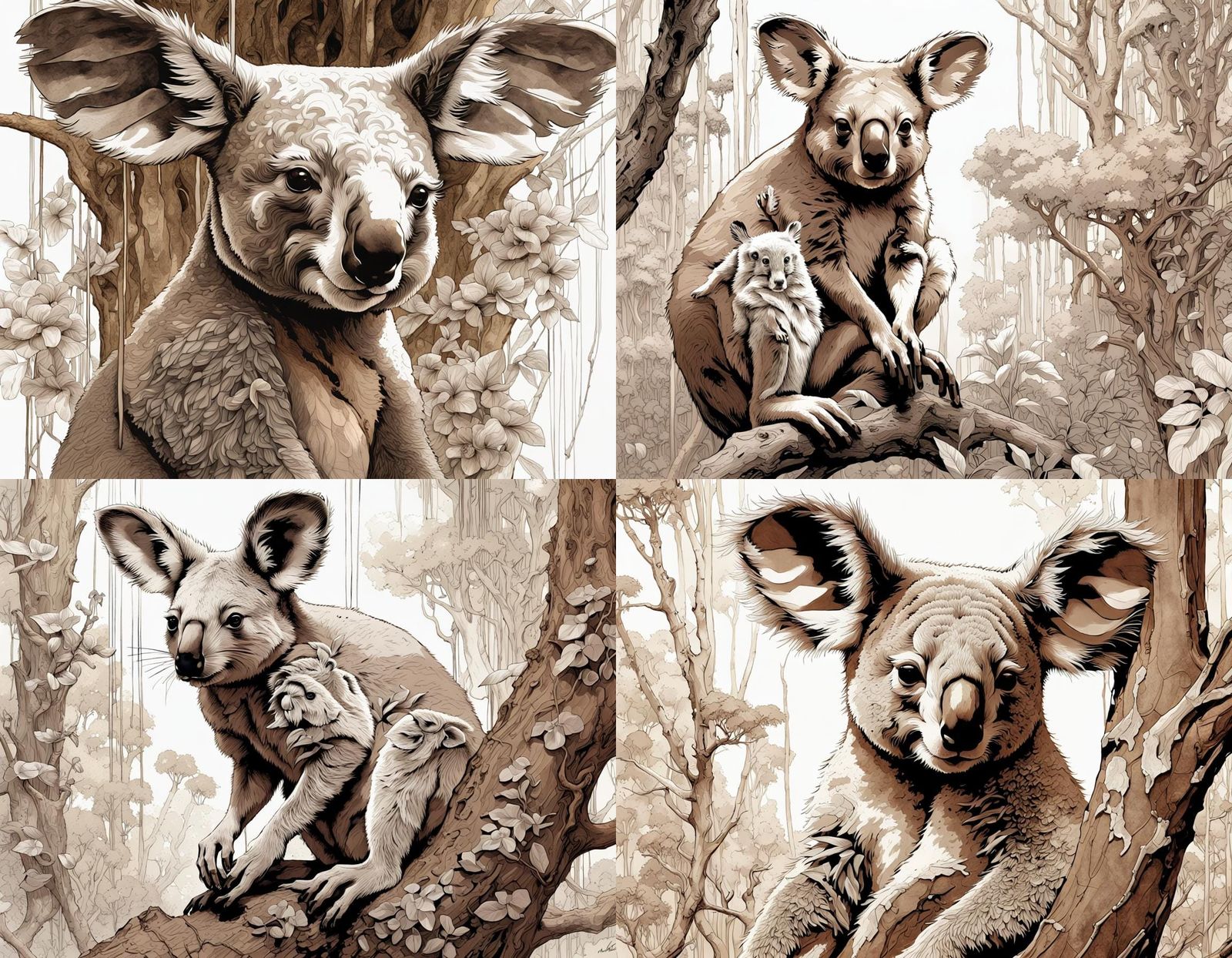 Monochrome Kangaroo-Koala Hybrid in Detailed Lineart