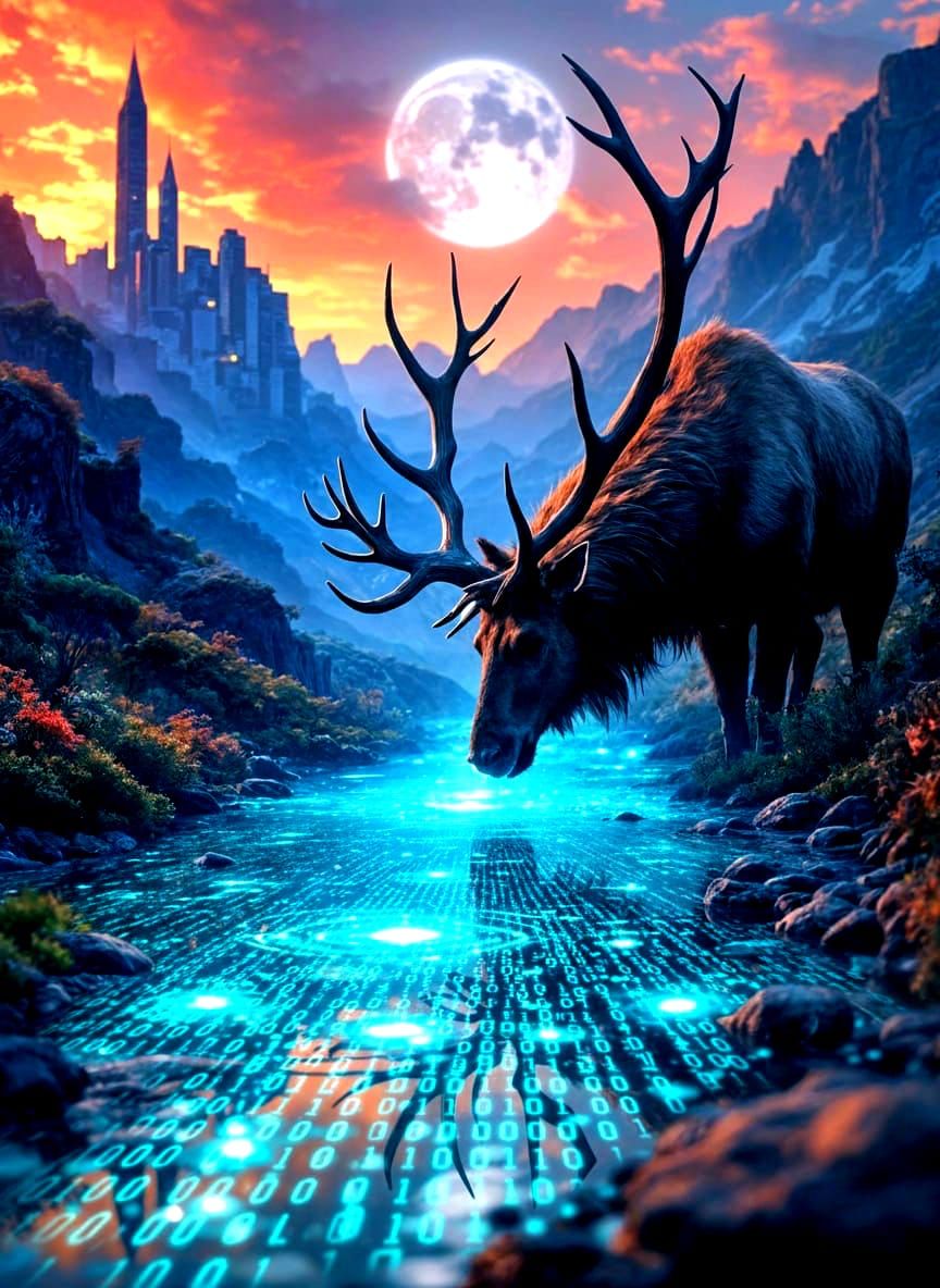 Motherboard River with Majestic Elk, Hyperrealistic Art