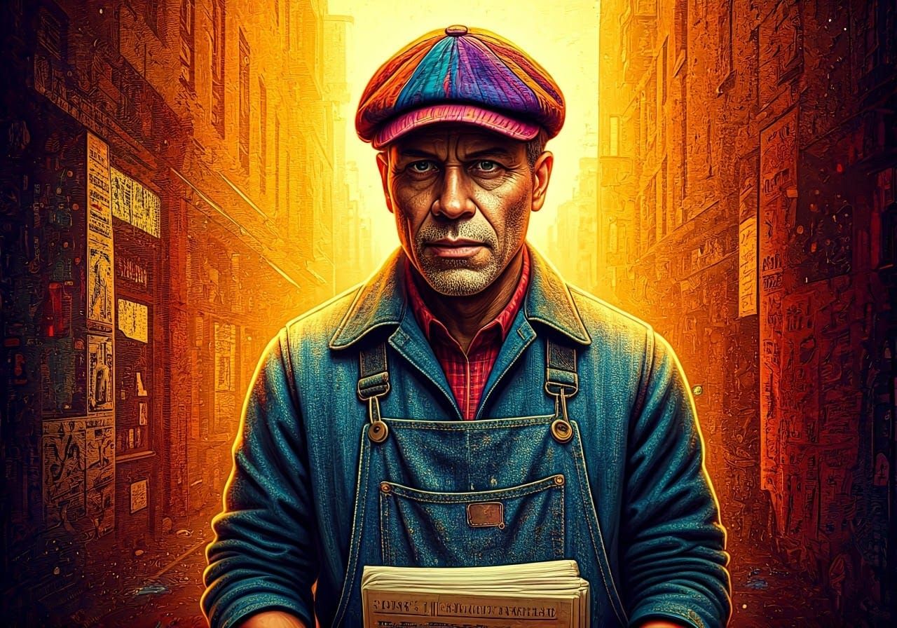 Newspaper and paint collage of a newspaper seller