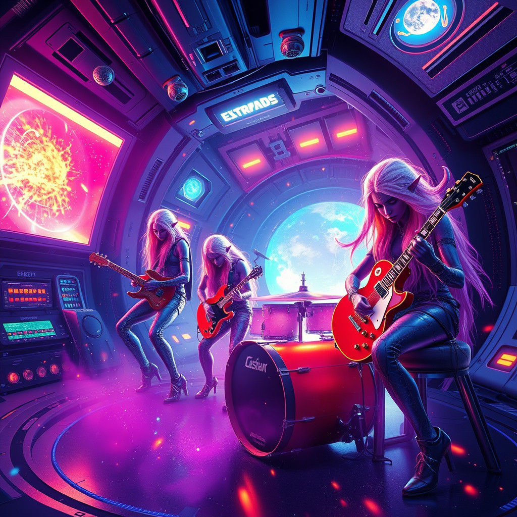 Elves Play Rock in Space Station, Futuristic Concept Art