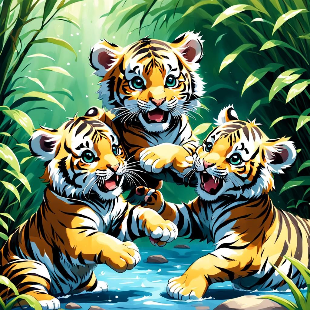Playful Tiger Cubs in Anime Style
