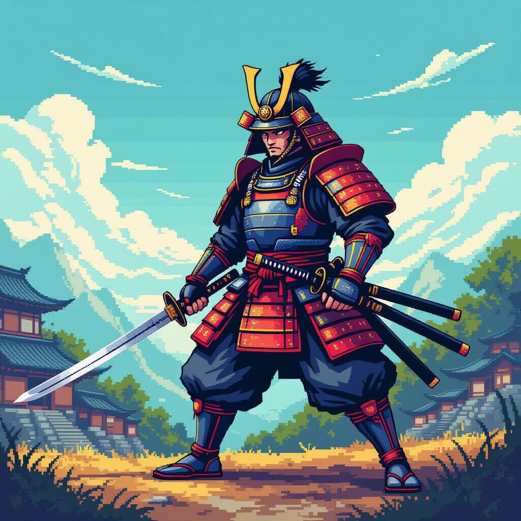 Detailed Samurai Swords in Vibrant Pixel Art Style