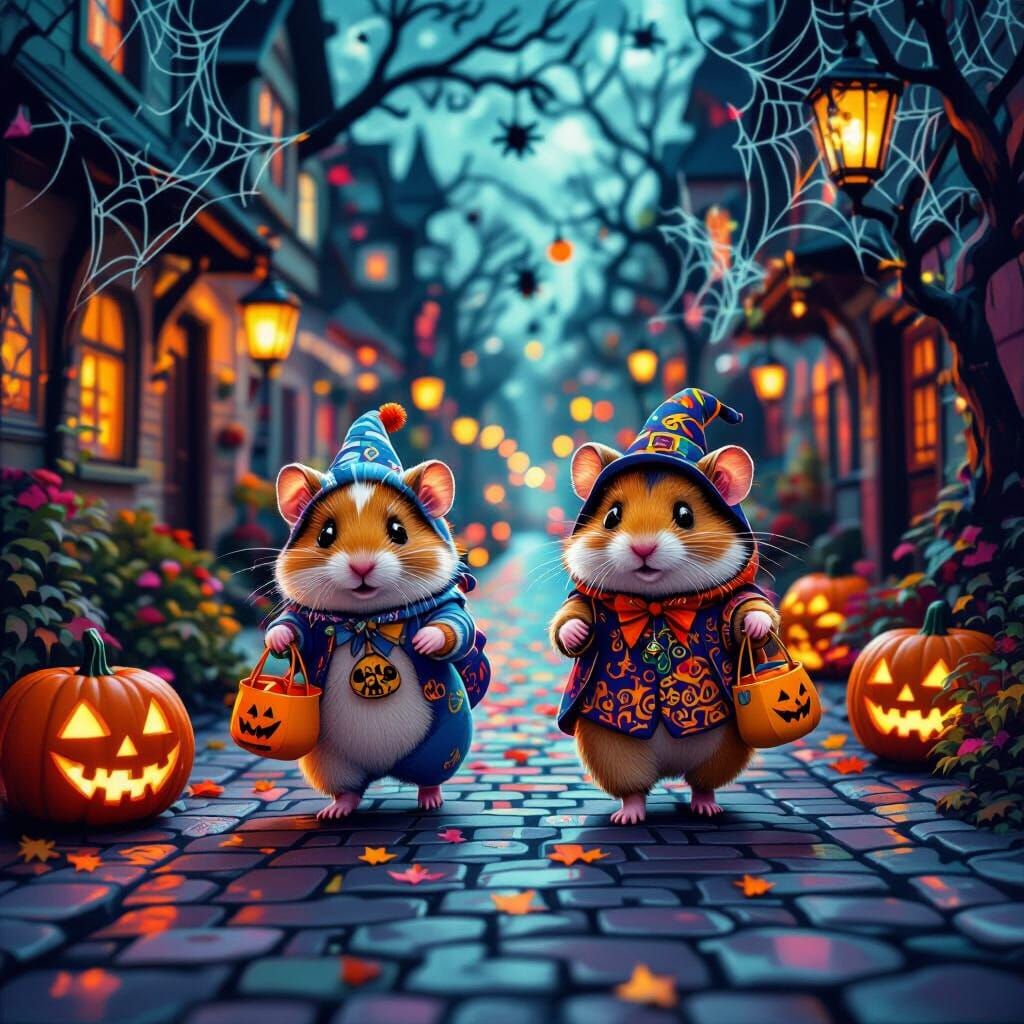 Hamsters in Halloween Costumes on Festive Street