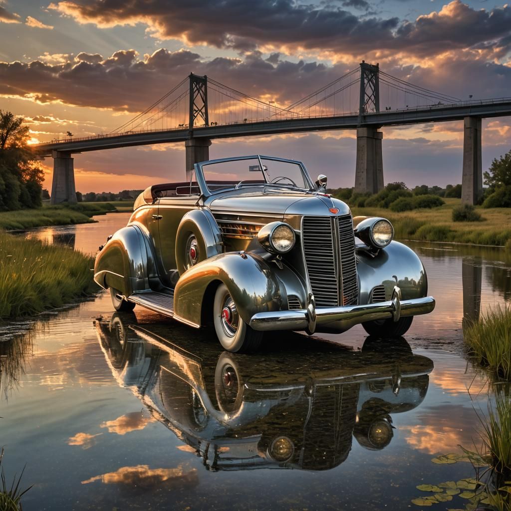Art Deco Cadillac Roadster on a Prairie, Surreal Reflection