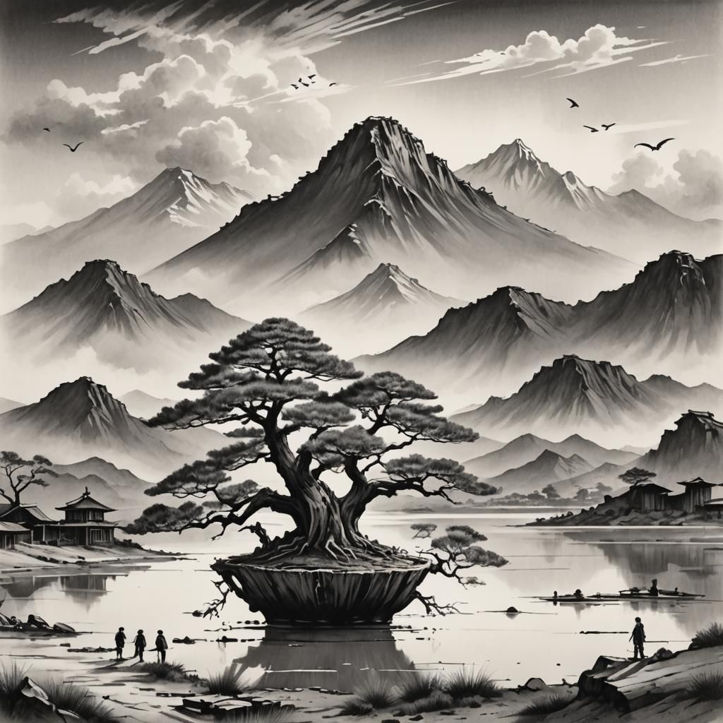 Bonsai Tree Sketch with Rustic House and Figures