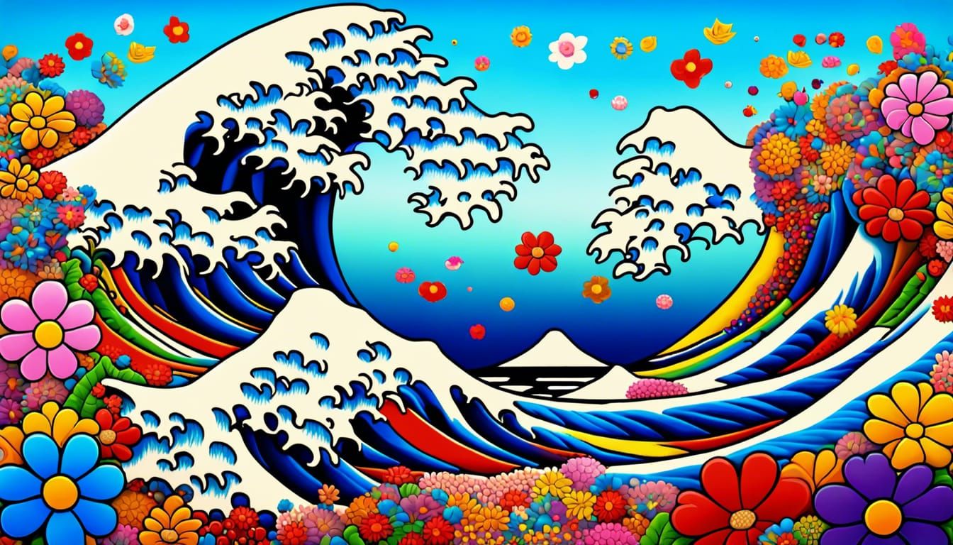 Hokusai's Great Wave in Floral Meadow, Vector Art