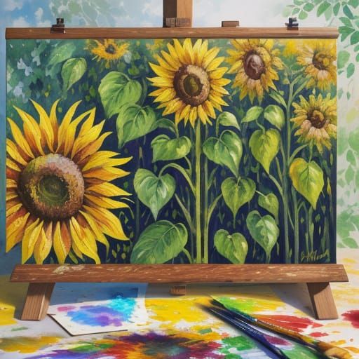 Vibrant Sunflower Painting On Easel