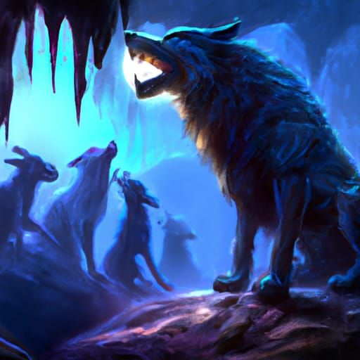 Blue Wolf Howling at Moon, Dark Fantasy Art