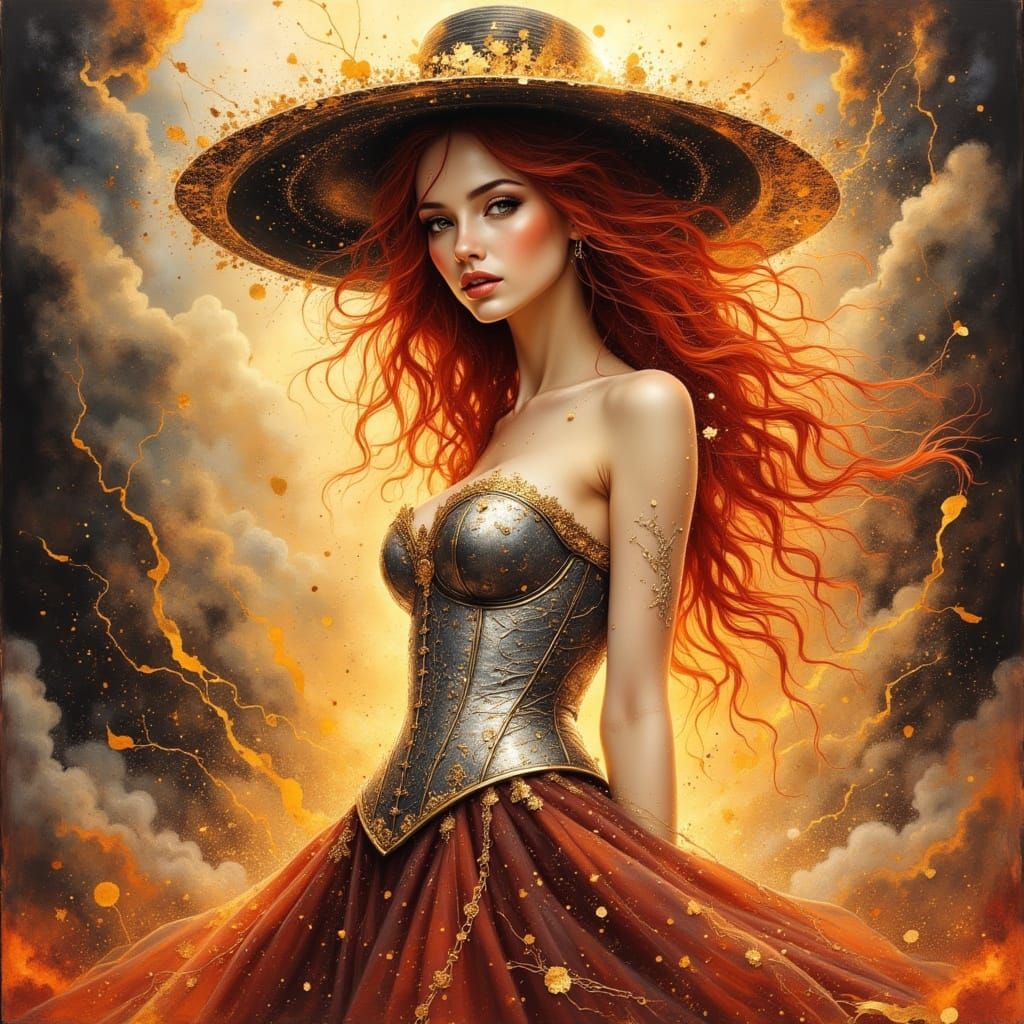 Futuristic Lady in Silver Corset and Veil Hat