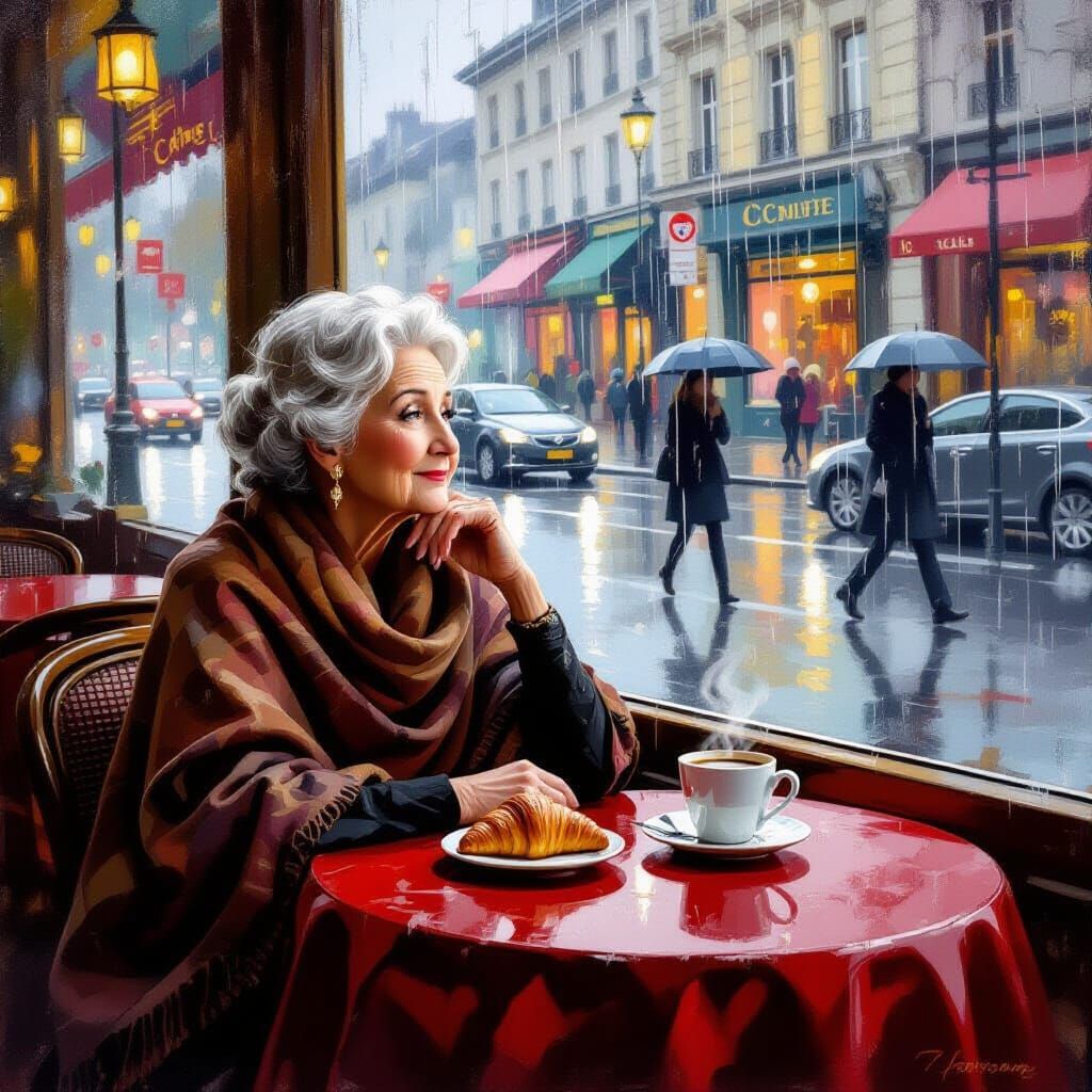 Elegant Woman in Cozy Cafe Oil Painting