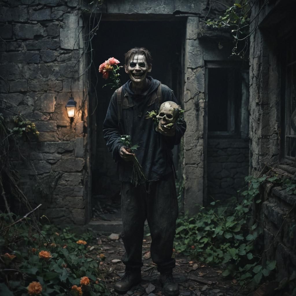 Eerie Man Invites to Ruined House: Dark Fantasy