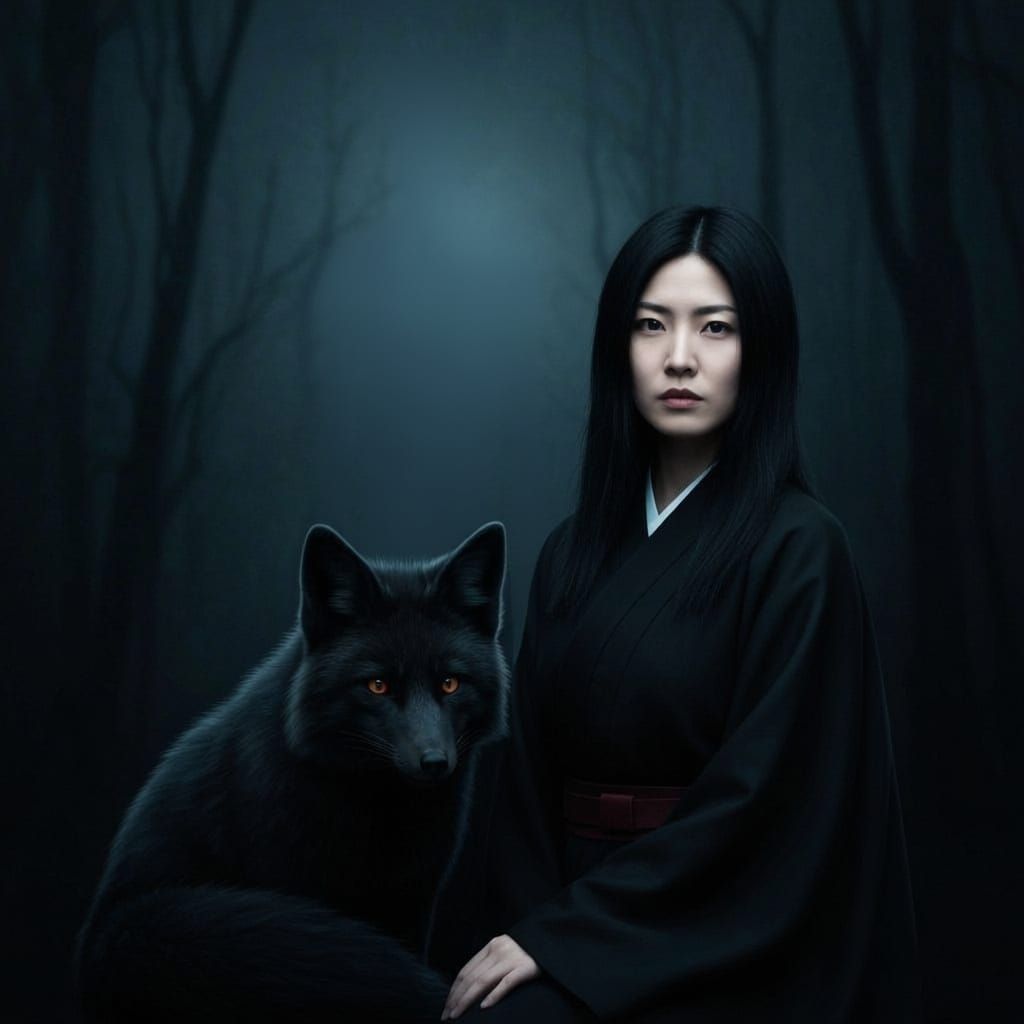 Eerie Asian Woman with Black Fox in Burton Style