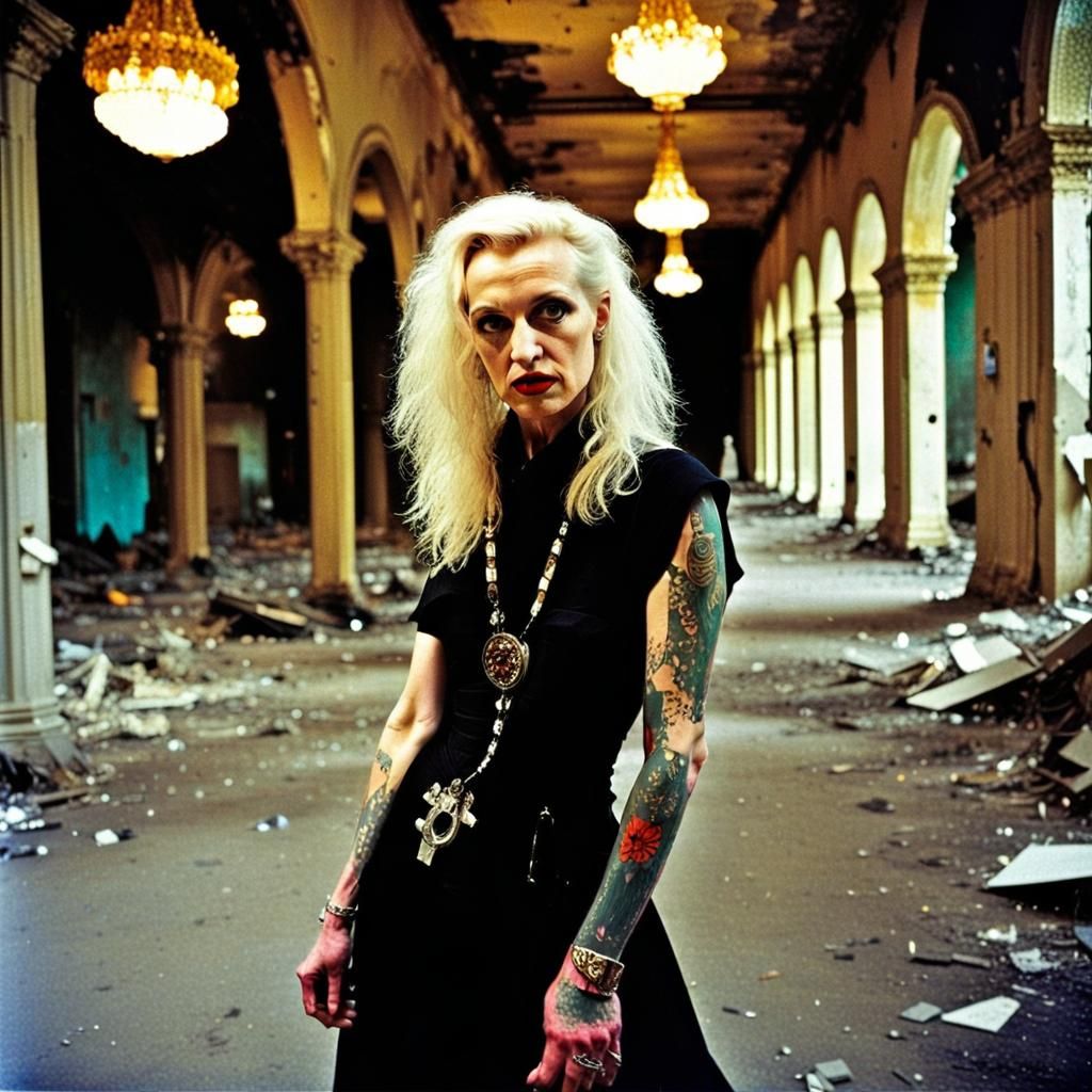 Sleazy Goth Aphrodite in Abandoned Arcade