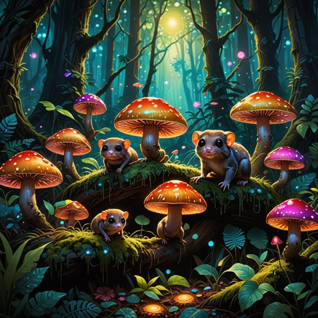 Glowing Mushroom Circle Envelops Tarsiers in Vibrant Forest