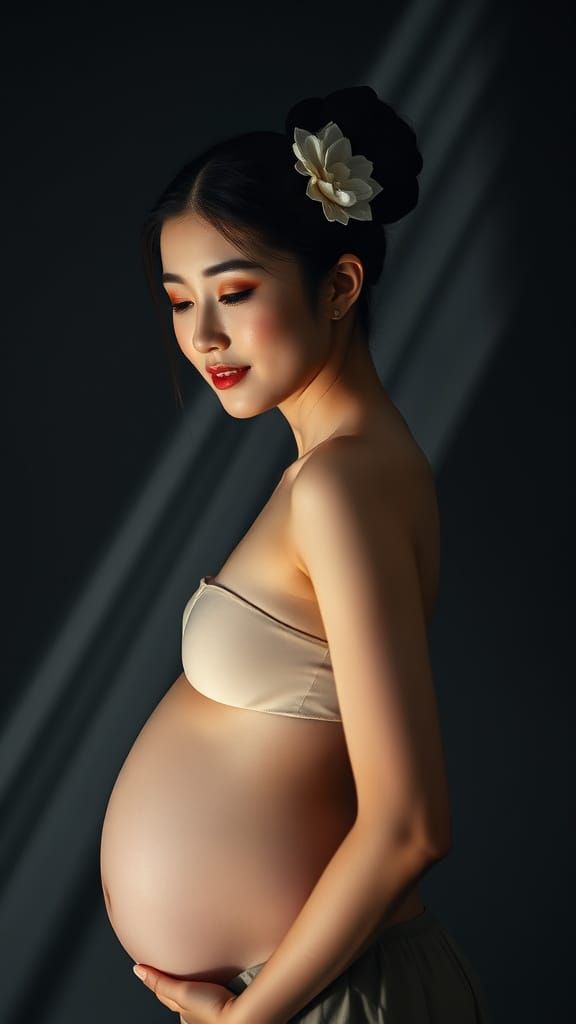 Pregnant Korean Woman with Bold Eyeshadow, Dramatic Light