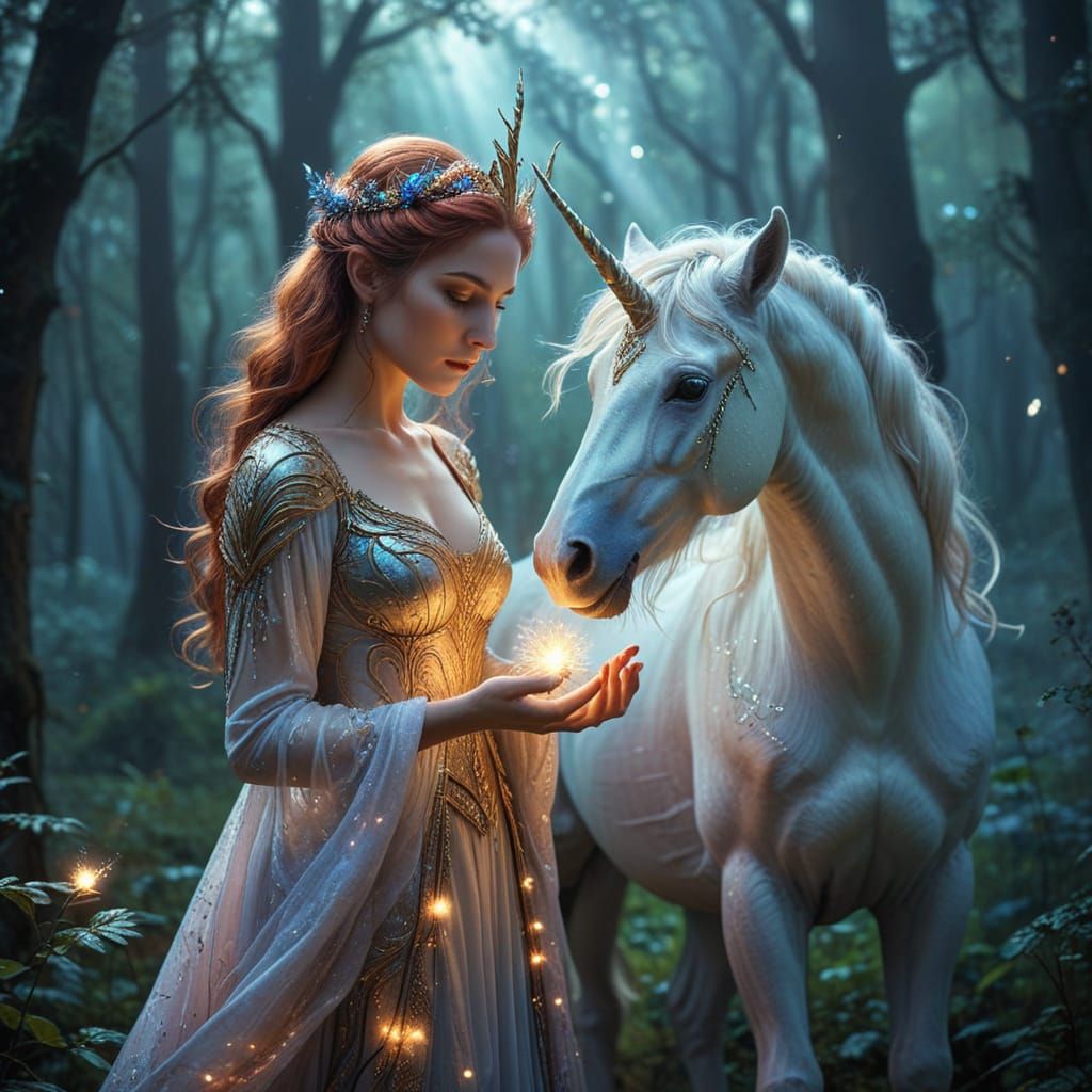 Whimsical Elven Princess Sorceress Conjures Magic for Unicor...