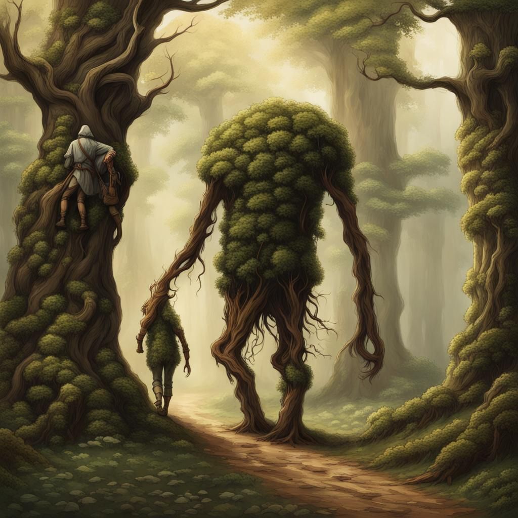 Walking Tree Carrying Hobbits in Forest