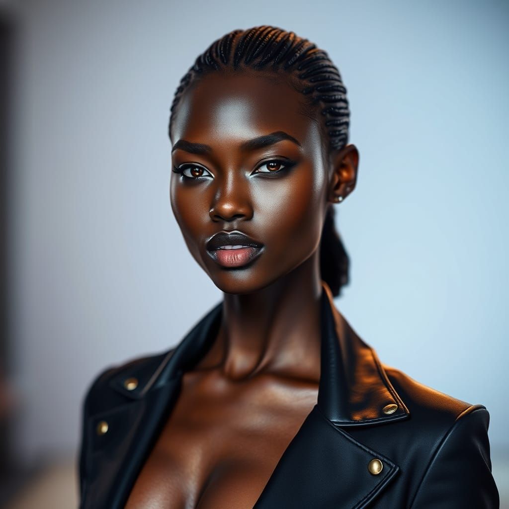 Confident Black Runway Model in High-Fashion Zipper Outfit