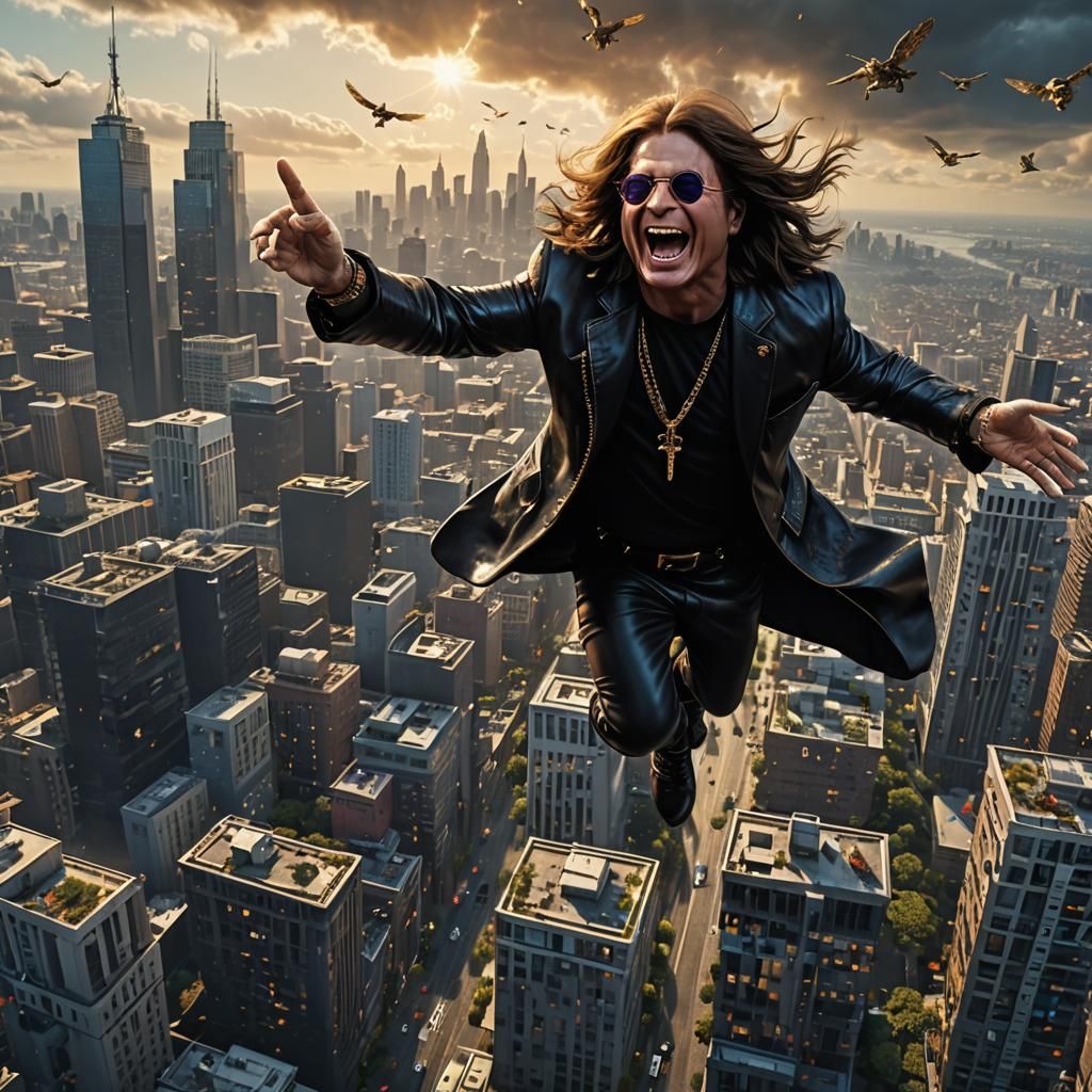 Ozzy Osbourne Flies Over City in Hyperrealistic Style