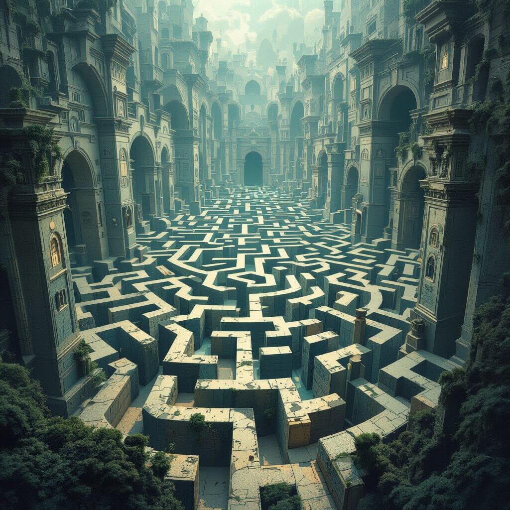 Surreal Maze Inspired by Escher, Thorp, and Stalenhag